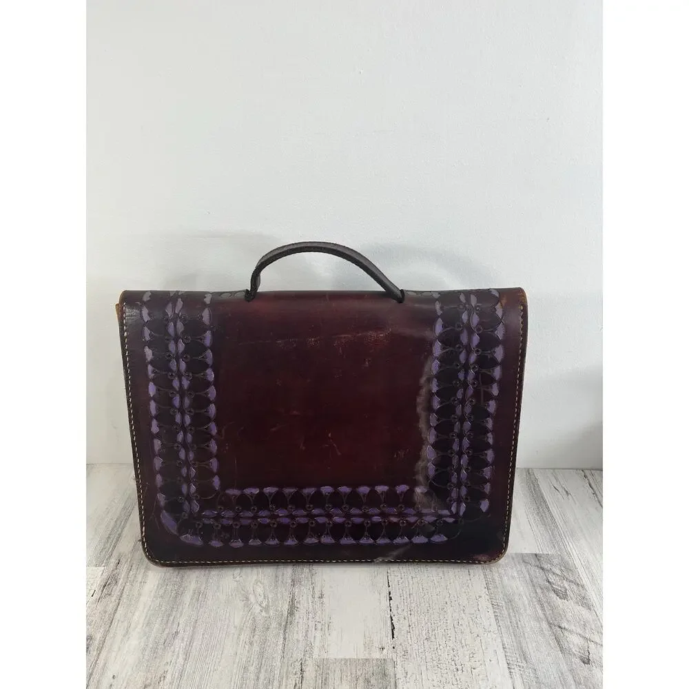 Vintage Hand Tooled Leather Briefcase Satchel
